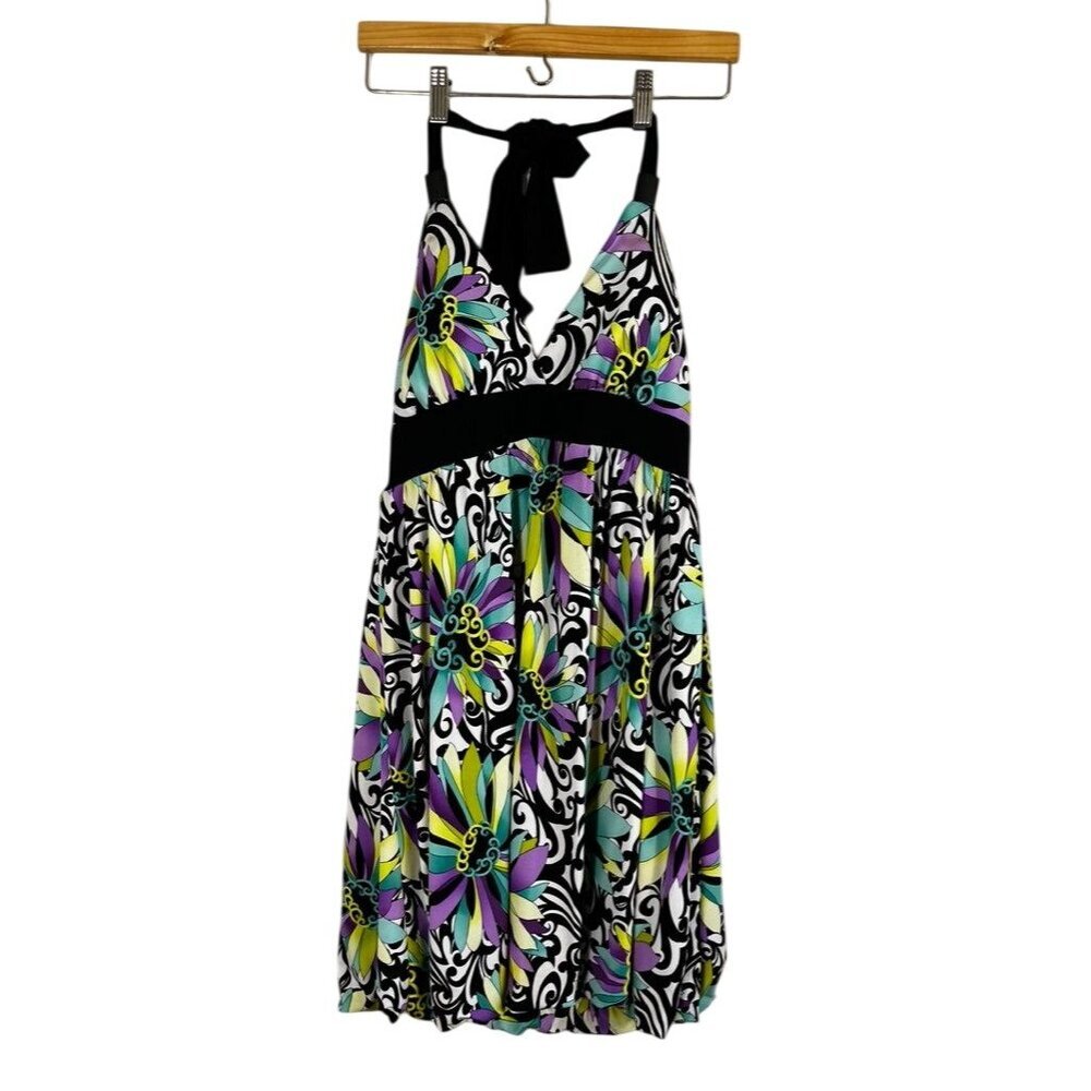 Retro Halter Floral Mini Dress‎ L Purple Babydoll Funky Disco Y2K Colorful 90s